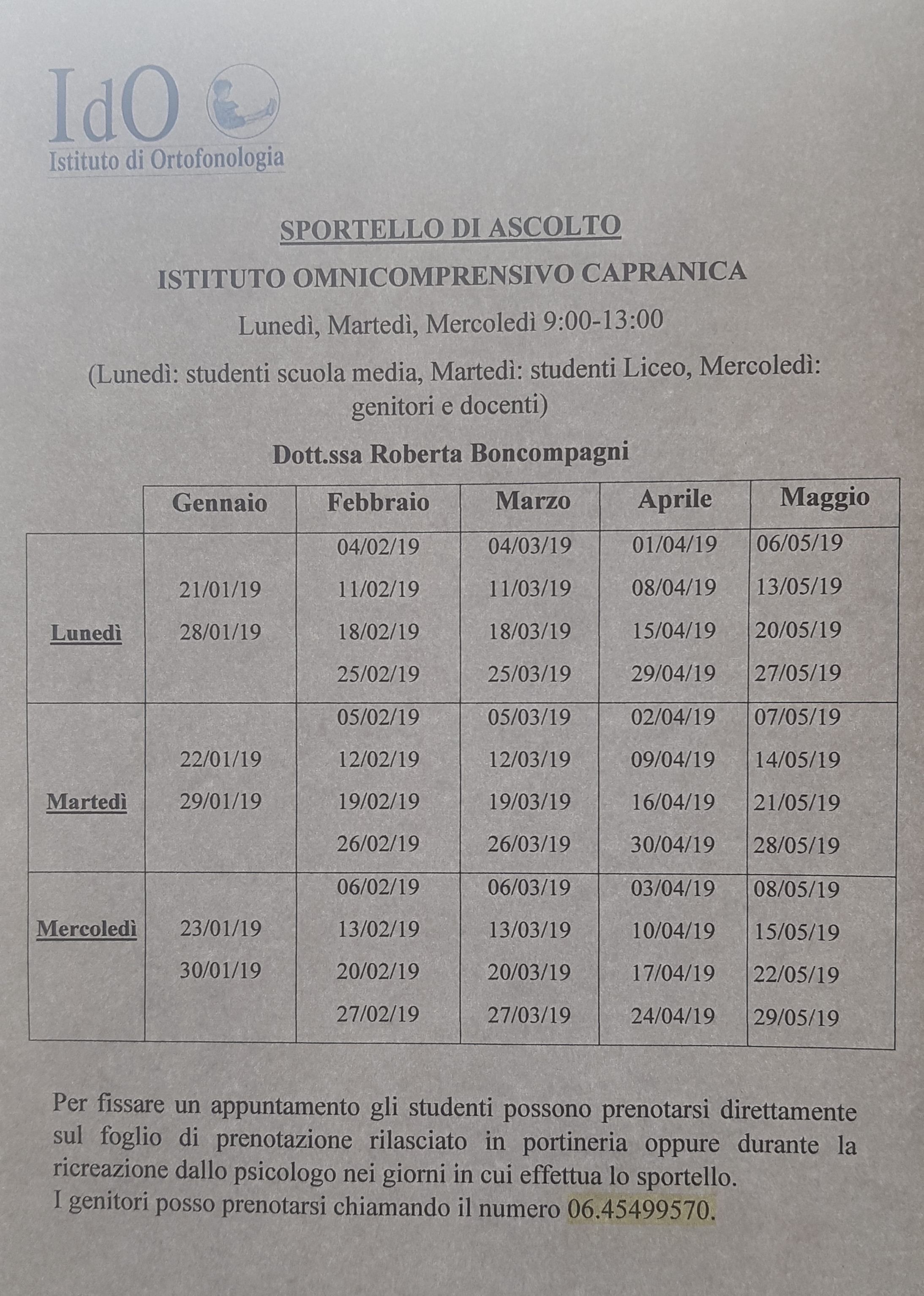 Sportello di ascolto A.S.2018-19
